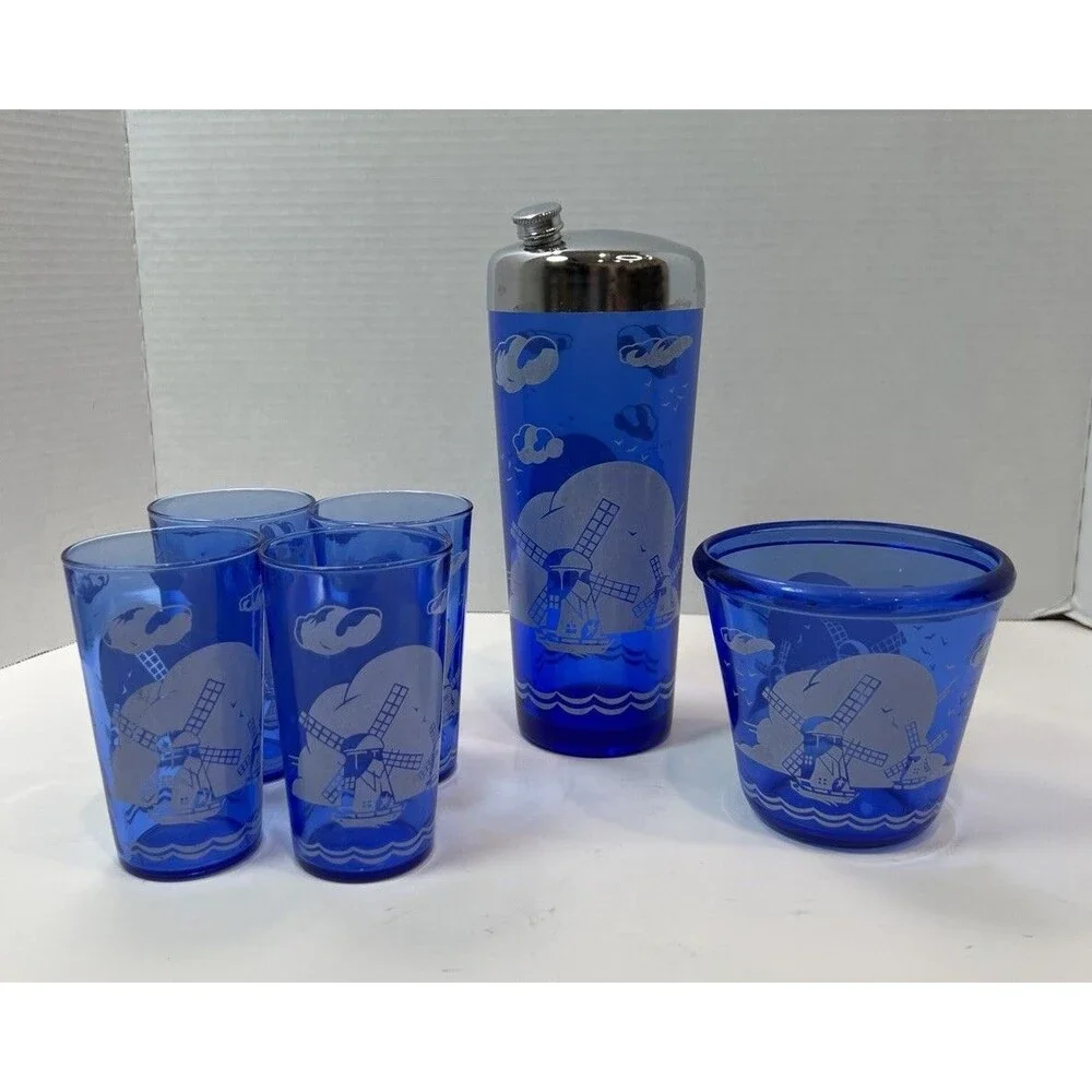 Vintage Hazel Atlas Cobalt Blue Windmill Cocktail Shaker ice bucket 4 glasses